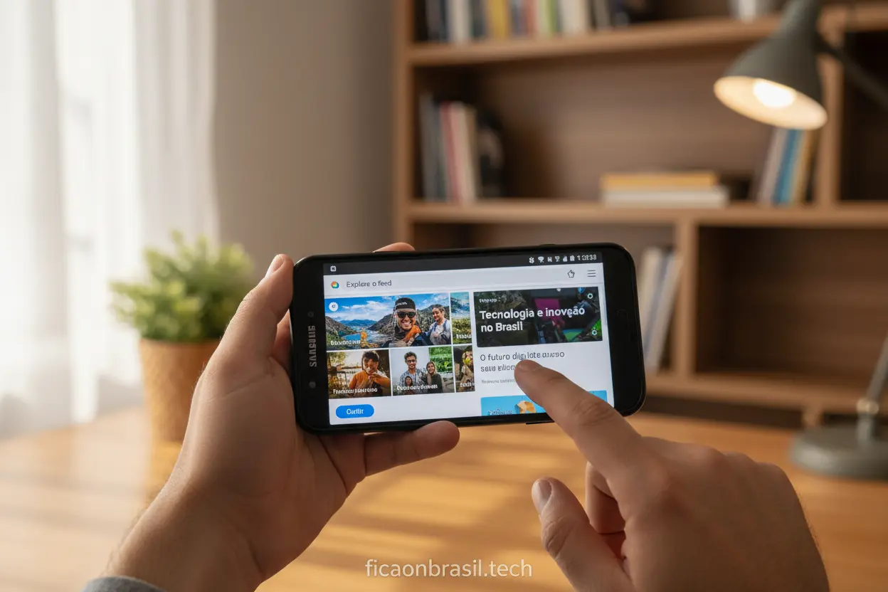 Pessoa usando celular Samsung A07 para navegar na internet e redes sociais.