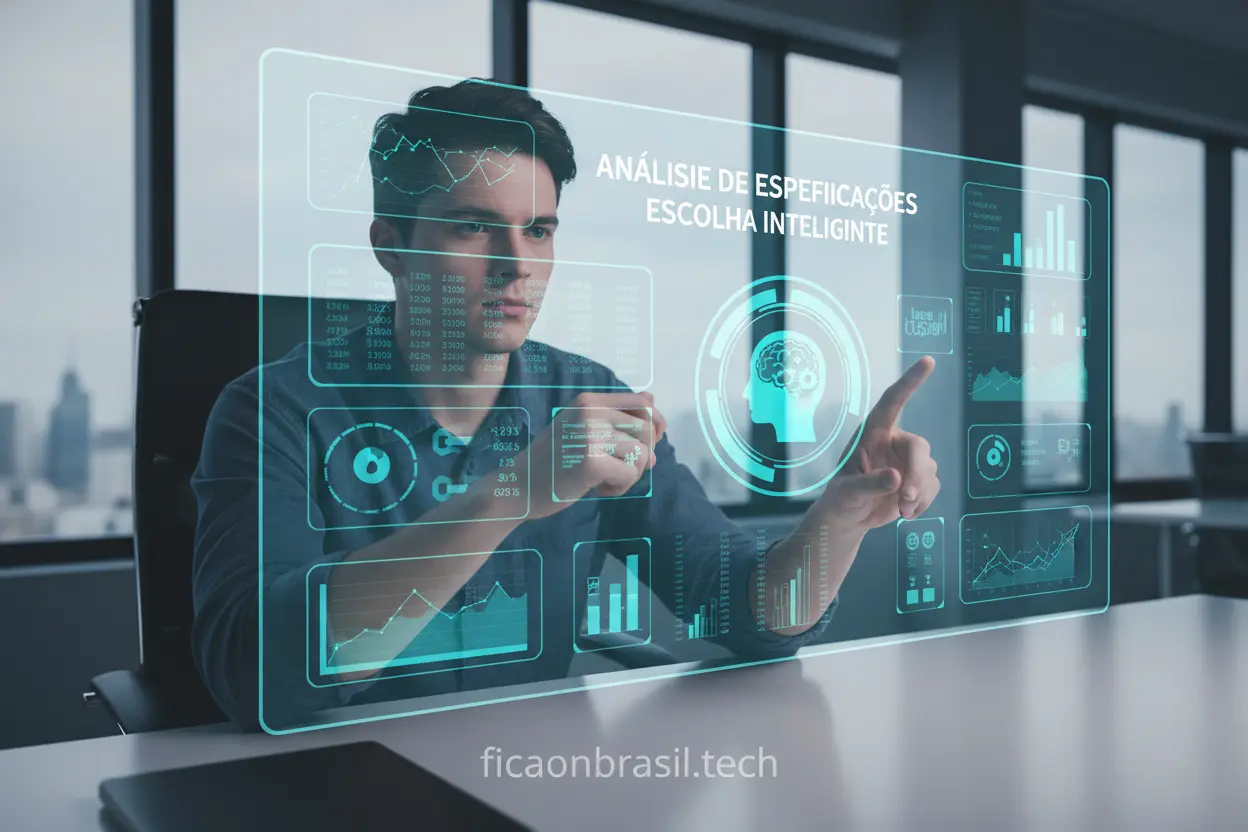 Mãos analisando especificações de notebooks para custo benefício.