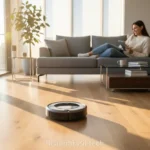 Aspirador robô moderno limpando sala de estar