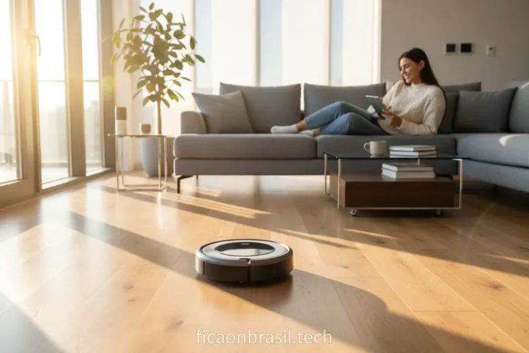 Aspirador robô moderno limpando sala de estar