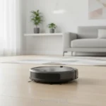 Aspirador robô limpando sala moderna