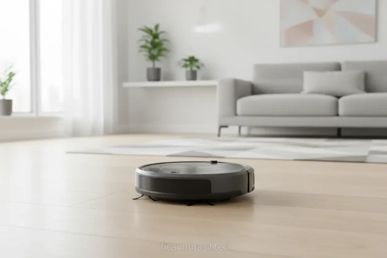 Aspirador robô limpando sala moderna