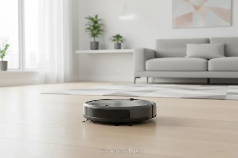 Aspirador robô limpando sala moderna