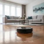 Robô aspirador de pó e pano em ambiente moderno