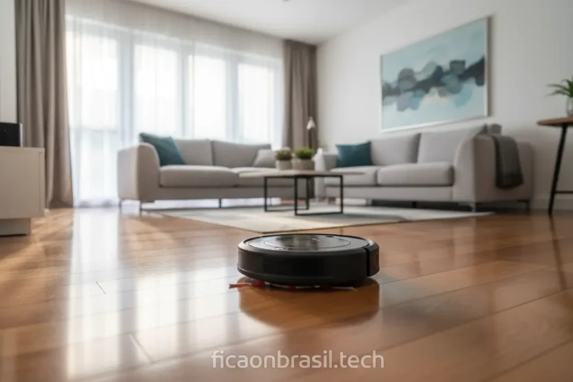 Robô aspirador de pó e pano em ambiente moderno