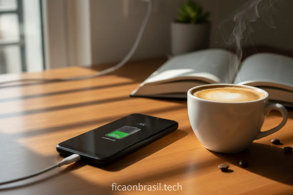 Bateria do Moto G06 128GB Carregando Motorola Moto G06 128GB conectado ao carregador em uma mesa