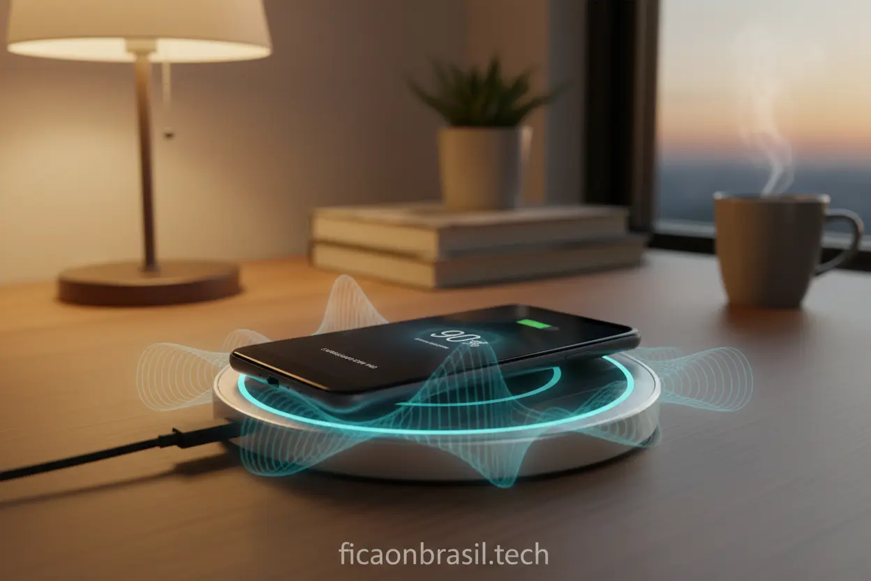 Moto G06 vale a pena 2026, smartphone carregando sem fio com bateria cheia.