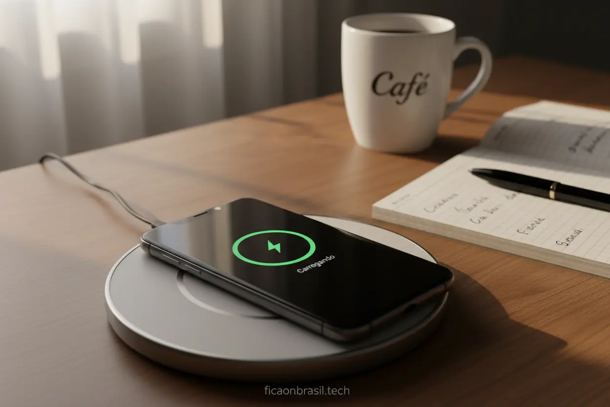 Bateria Duradoura do Moto G06 Moto G06 carregando em uma mesa de trabalho