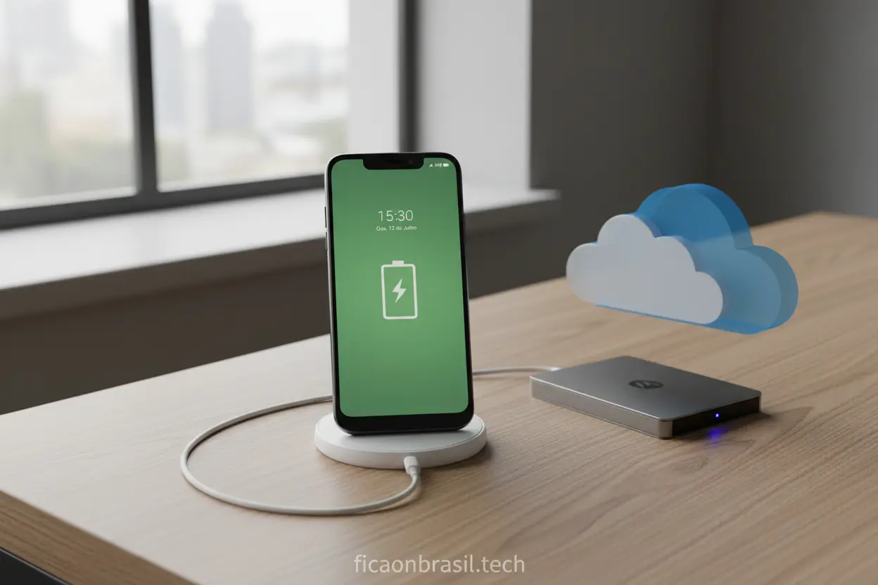 Motorola Moto G06 128GB carregando, com ícones de armazenamento e bateria.