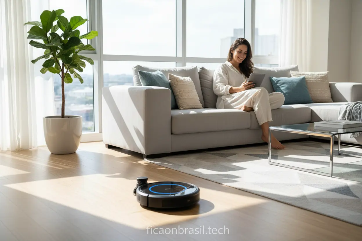 Benefícios Robô Aspirador Inteligente Pessoa relaxando enquanto robô aspirador limpa