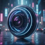 Lente futurista da câmera do iPhone 17 em ambiente urbano noturno.