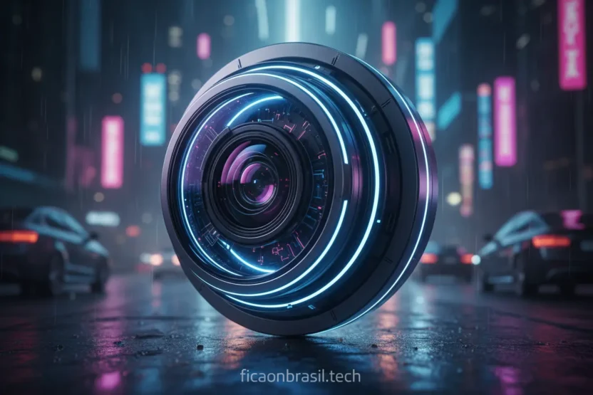 Lente futurista da câmera do iPhone 17 em ambiente urbano noturno.
