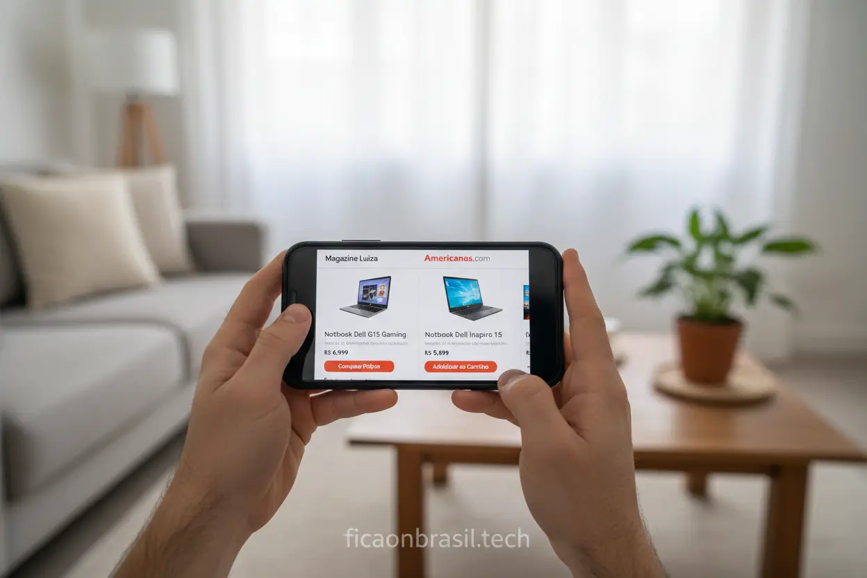 Pessoa comparando notebook Dell preço 2026 em diferentes lojas online.