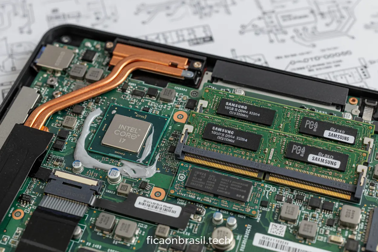 Detalhes de componentes internos de um notebook Dell.