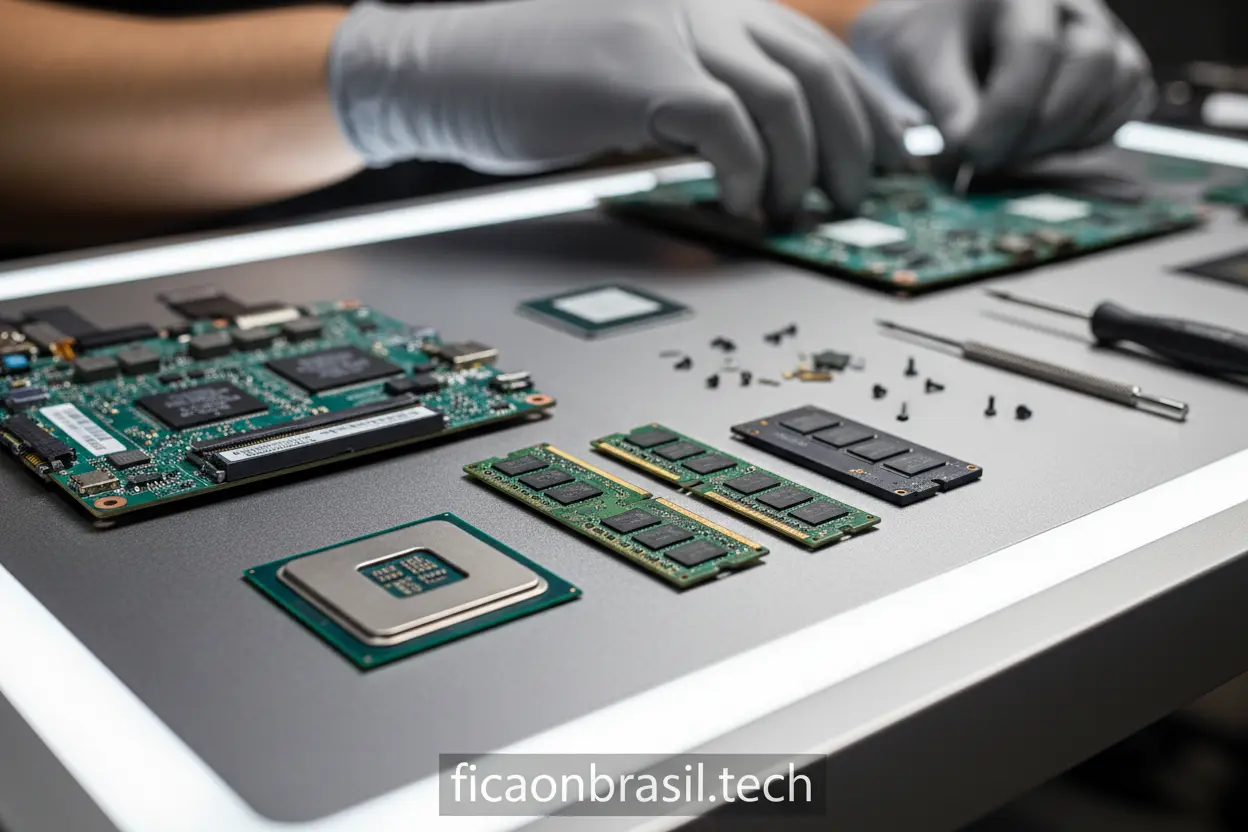 Componentes de notebook Dell como processador, memória e SSD.