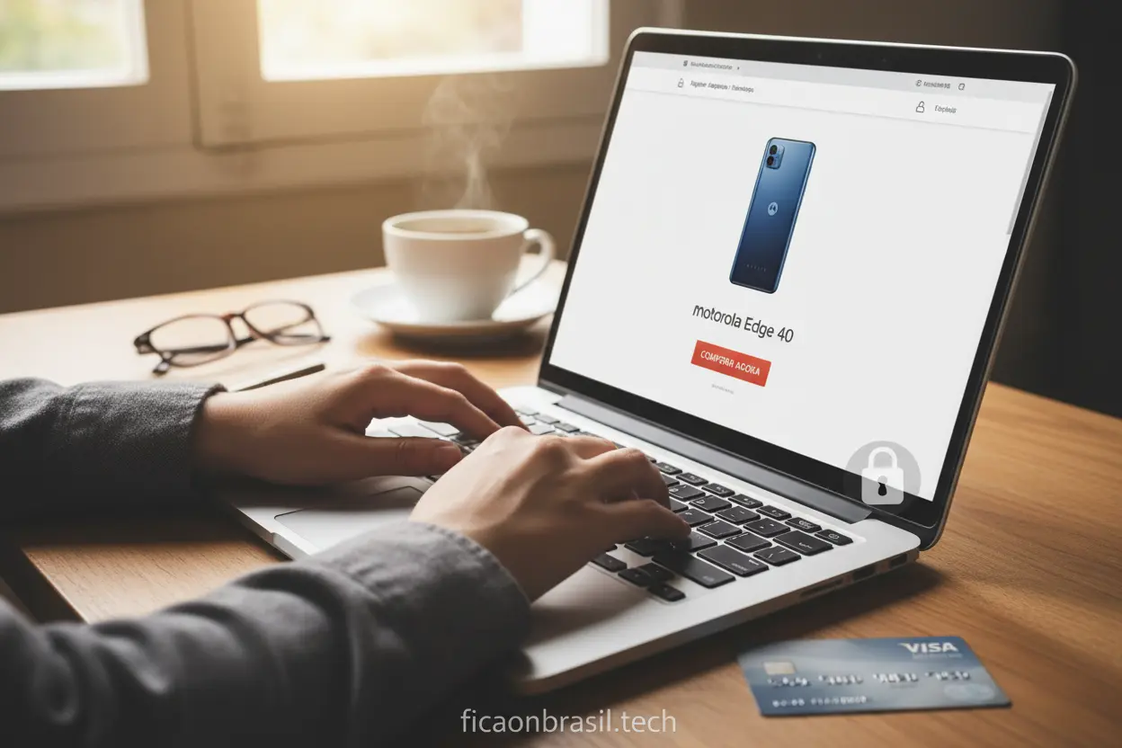 Pessoa comprando celular Motorola 128GB barato com 12GB RAM Boost online de forma segura