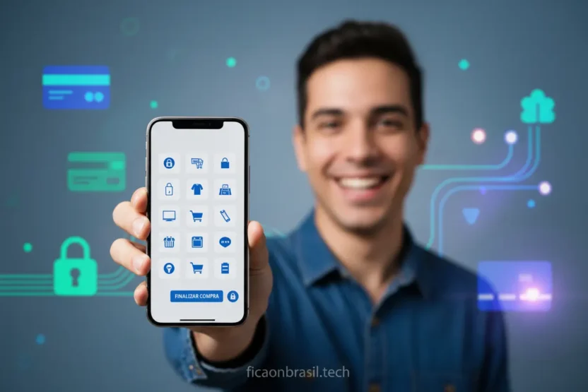 Pessoa feliz comprando online com segurança