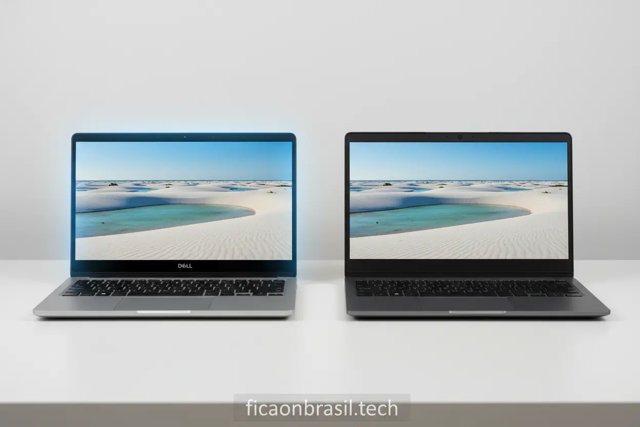 Comparativo visual de notebook Dell tela Full HD com tela de menor resolução