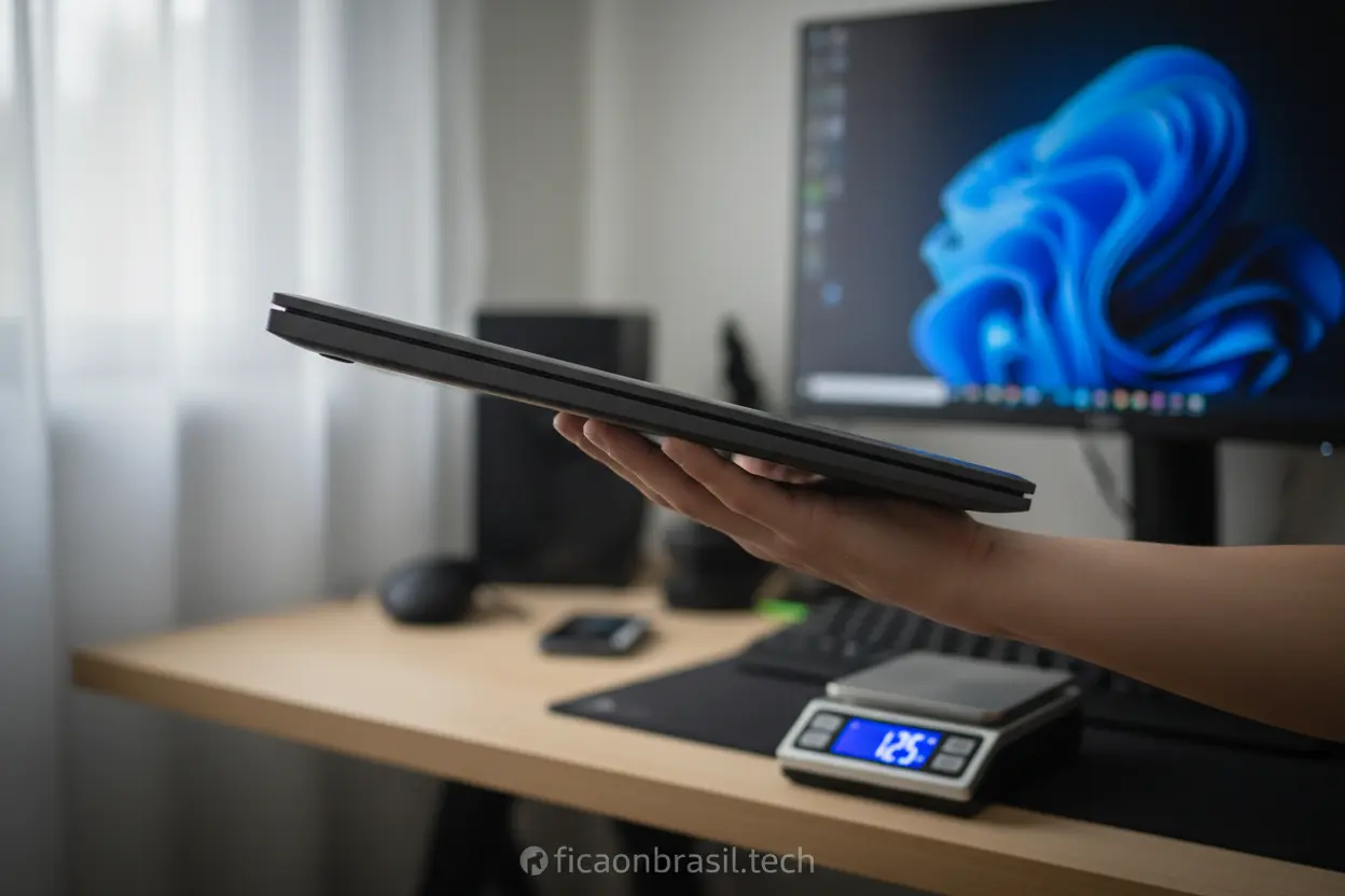 Pessoa segurando notebook gamer Dell fino e leve em home office