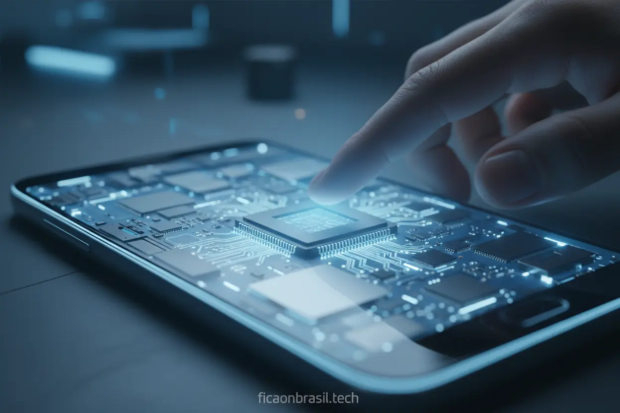 Componentes internos de smartphone com luz azul, simbolizando desempenho e processador.