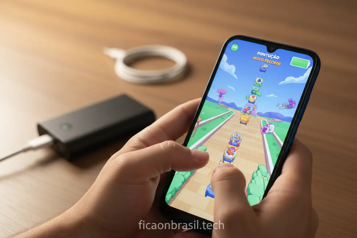 Desempenho e Bateria do Moto G06 Pessoa jogando no Moto G06 com bateria cheia