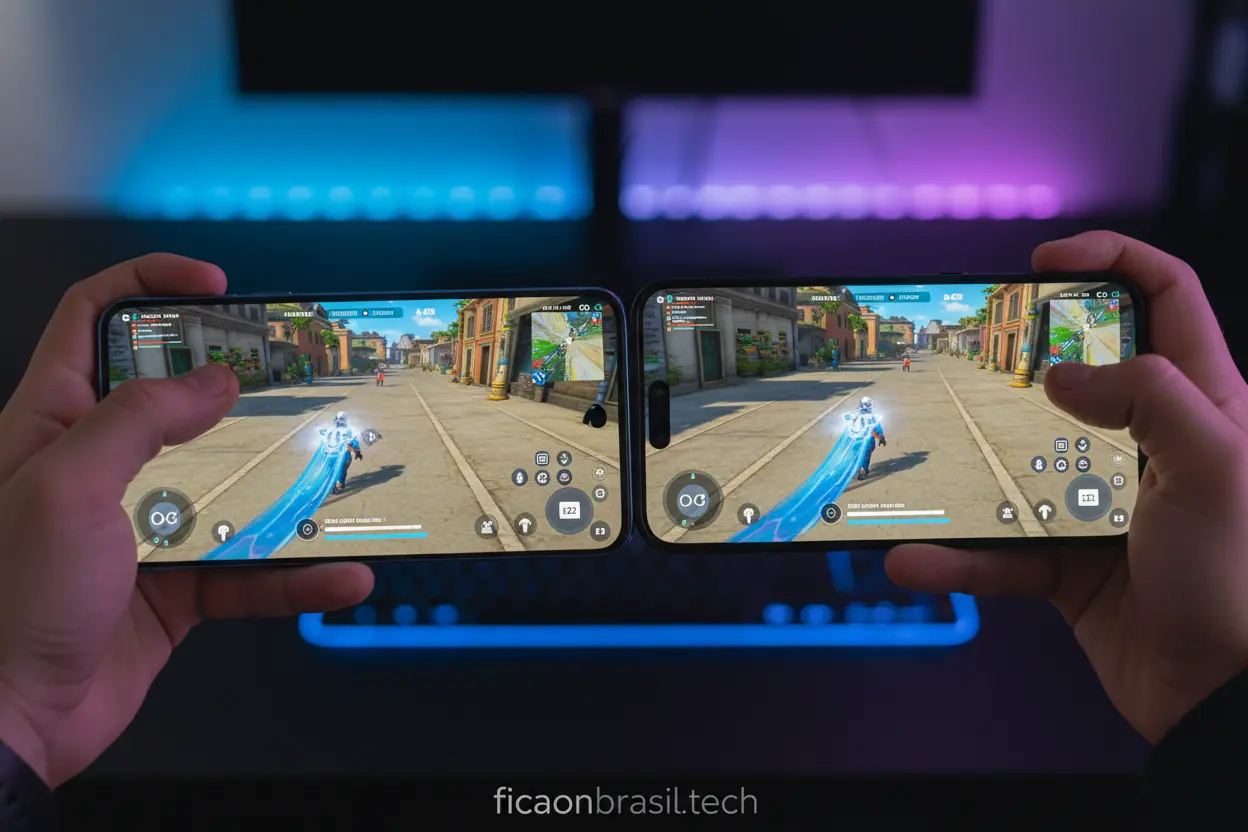 Desempenho Galaxy S26 Ultra e iPhone Galaxy S26 Ultra e iPhone em uso, demonstrando alto desempenho em jogos.