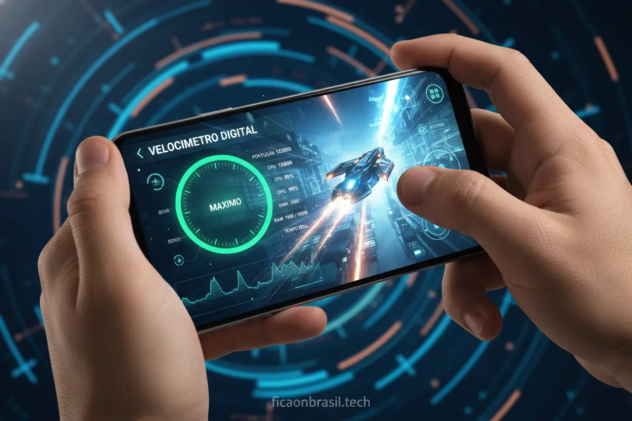 Desempenho Moto G06 e G05 Mãos de uma pessoa usando um smartphone com aplicativo de benchmark.