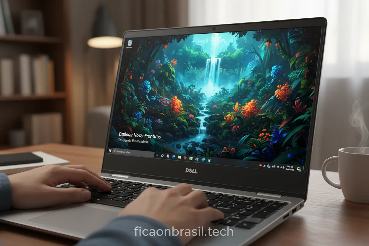 Close-up do design e tela de alta qualidade de um notebook Dell.