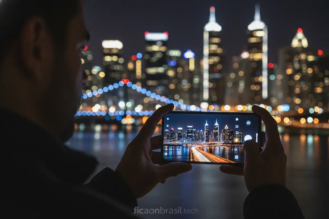 Homem fotografando paisagem noturna com Galaxy S26 Ultra.