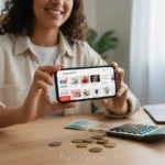Pessoa feliz com smartphone e calculadora, simbolizando economia em compras online.