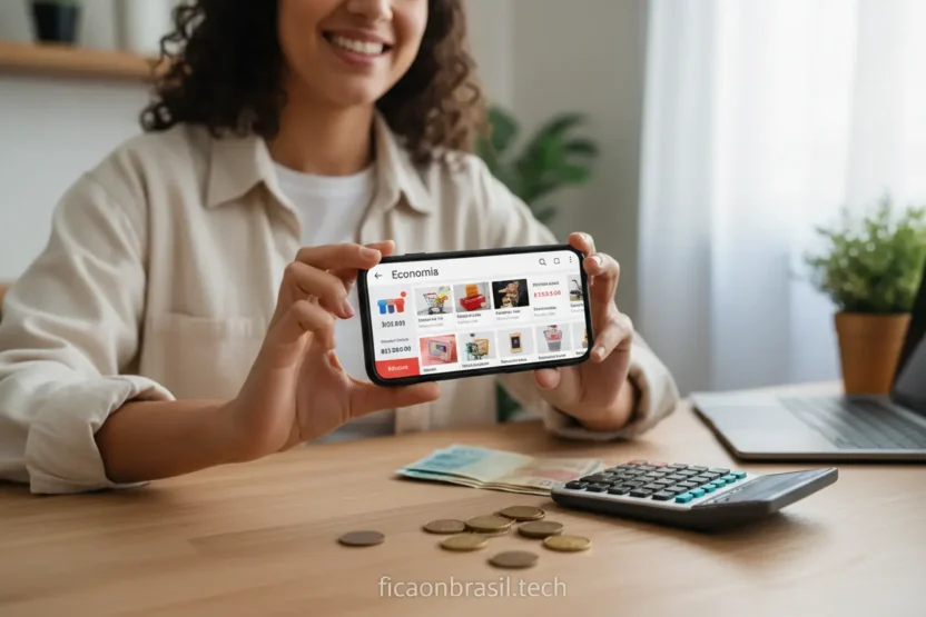 Pessoa feliz com smartphone e calculadora, simbolizando economia em compras online.