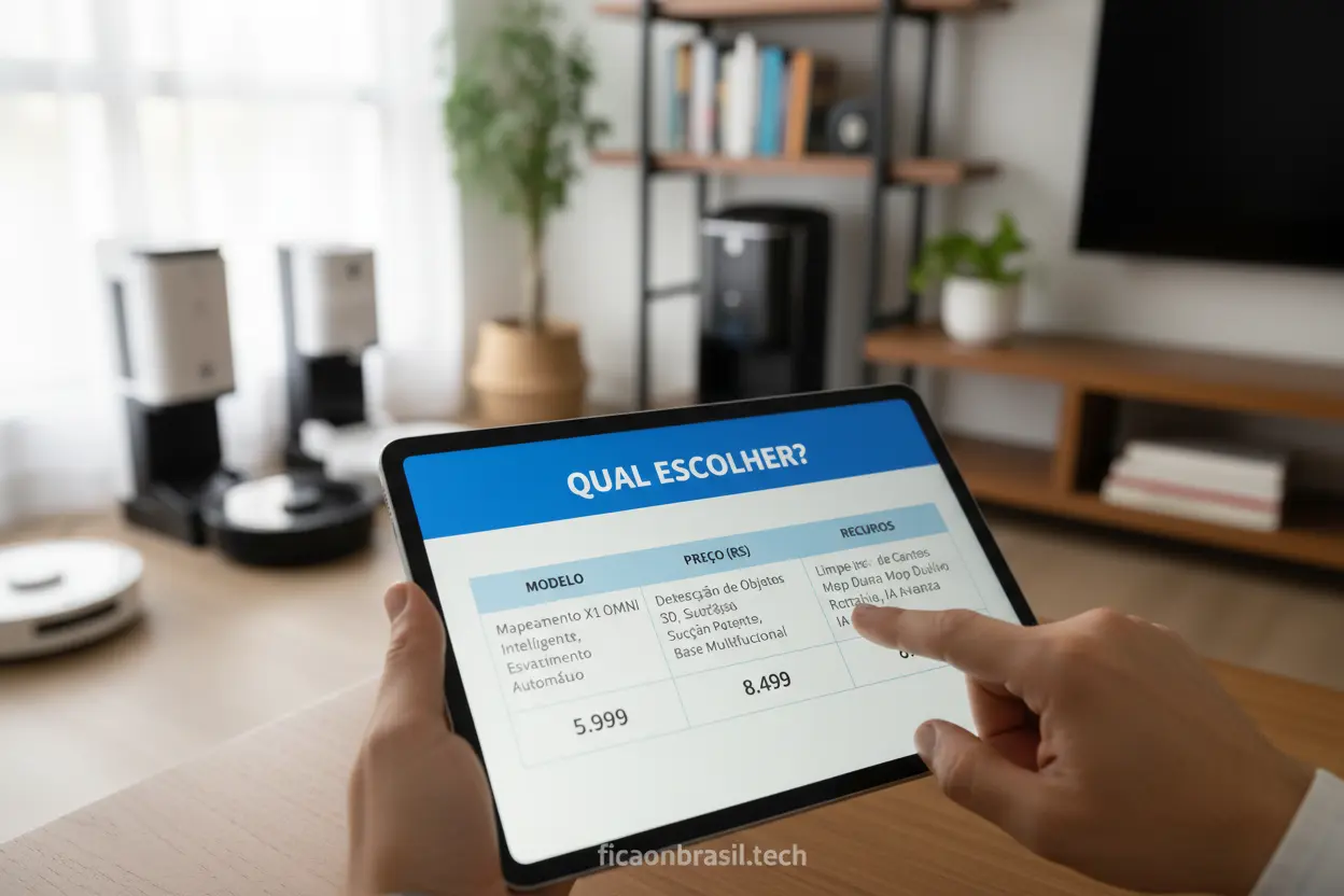 Escolhendo Robô Aspirador Mão apontando para tela com comparativo de robôs aspiradores.