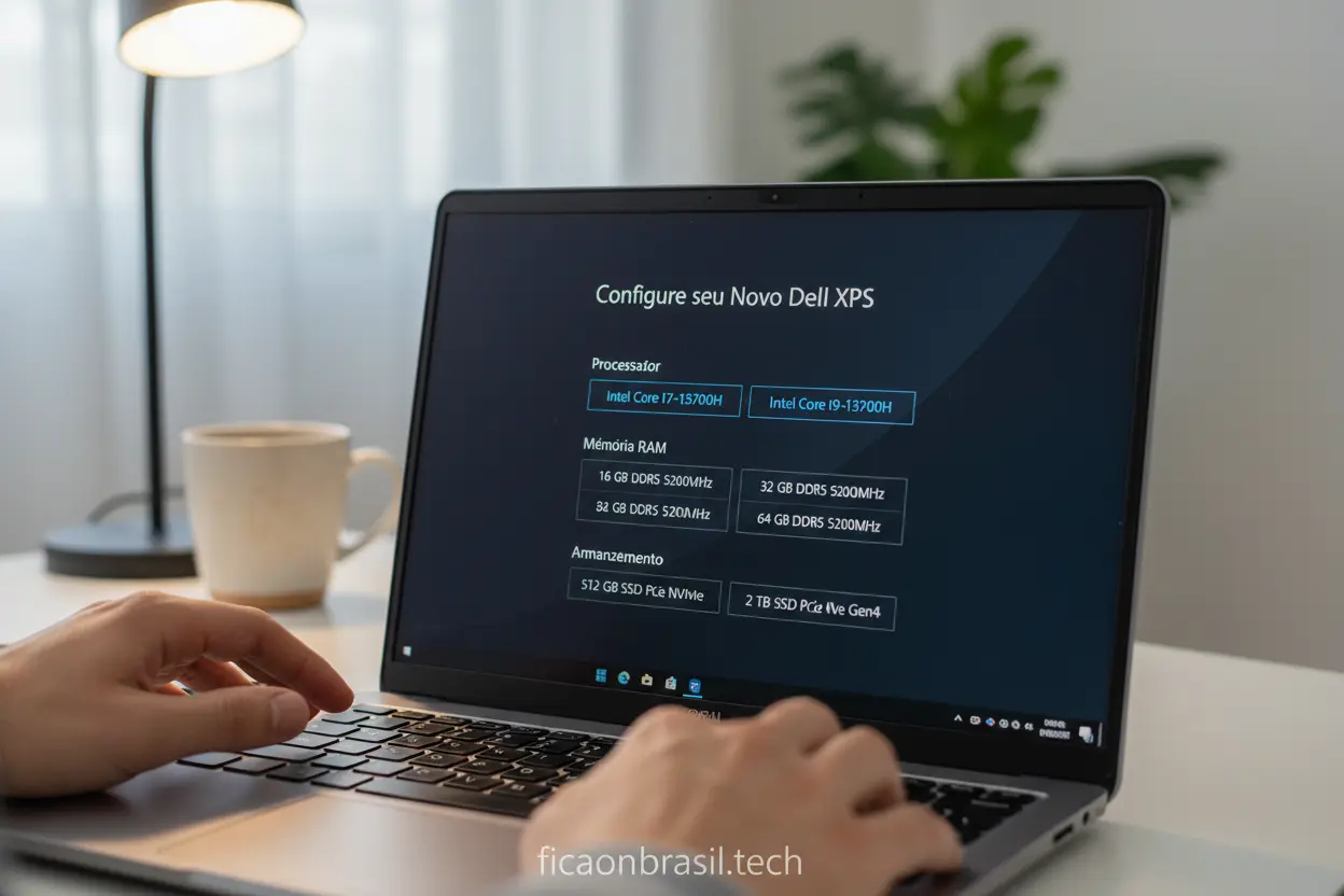 Especificações do Notebook Dell Mãos digitando em um notebook Dell, com foco em especificações técnicas.