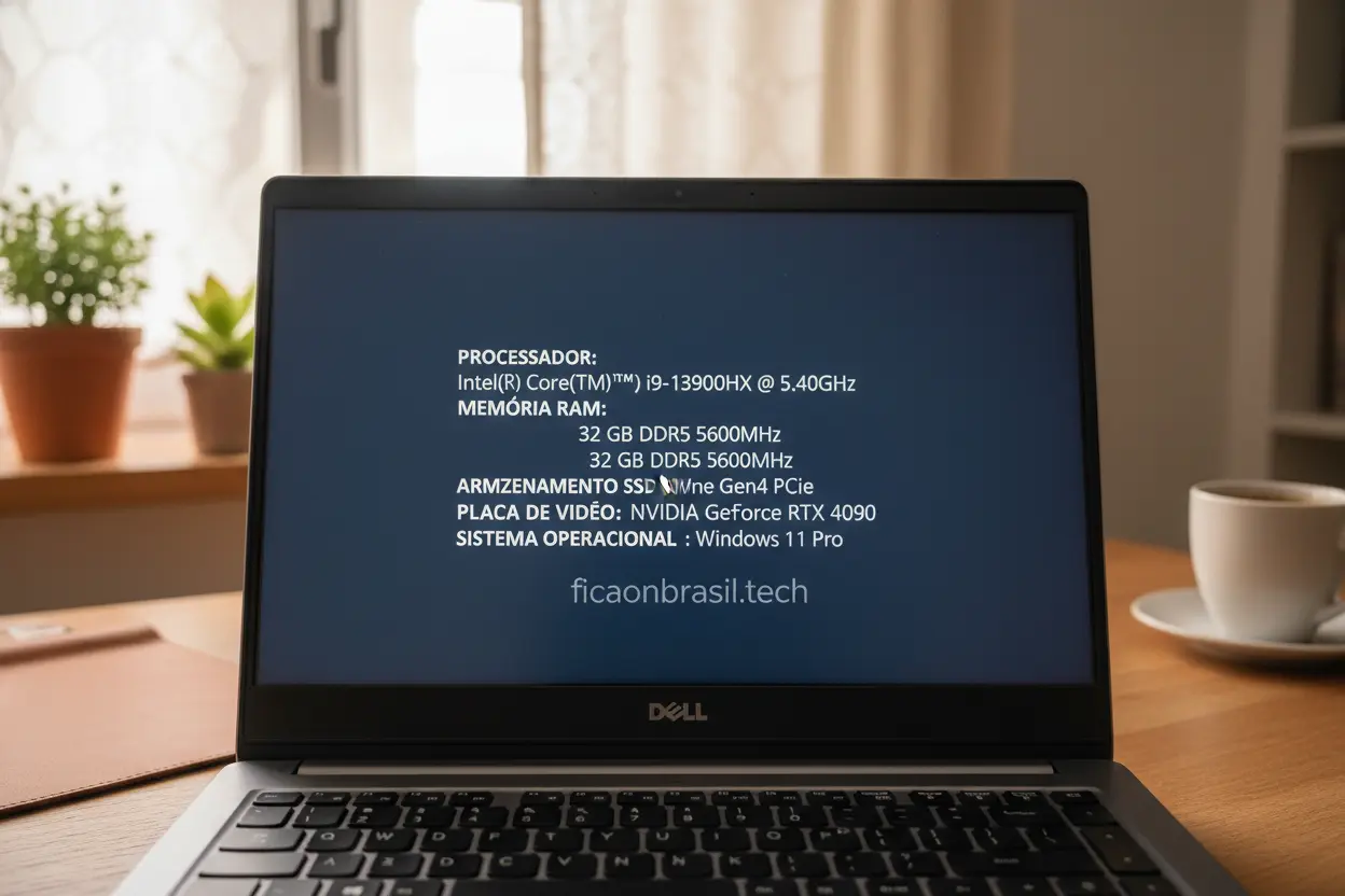 Tela de notebook Dell mostrando especificações técnicas