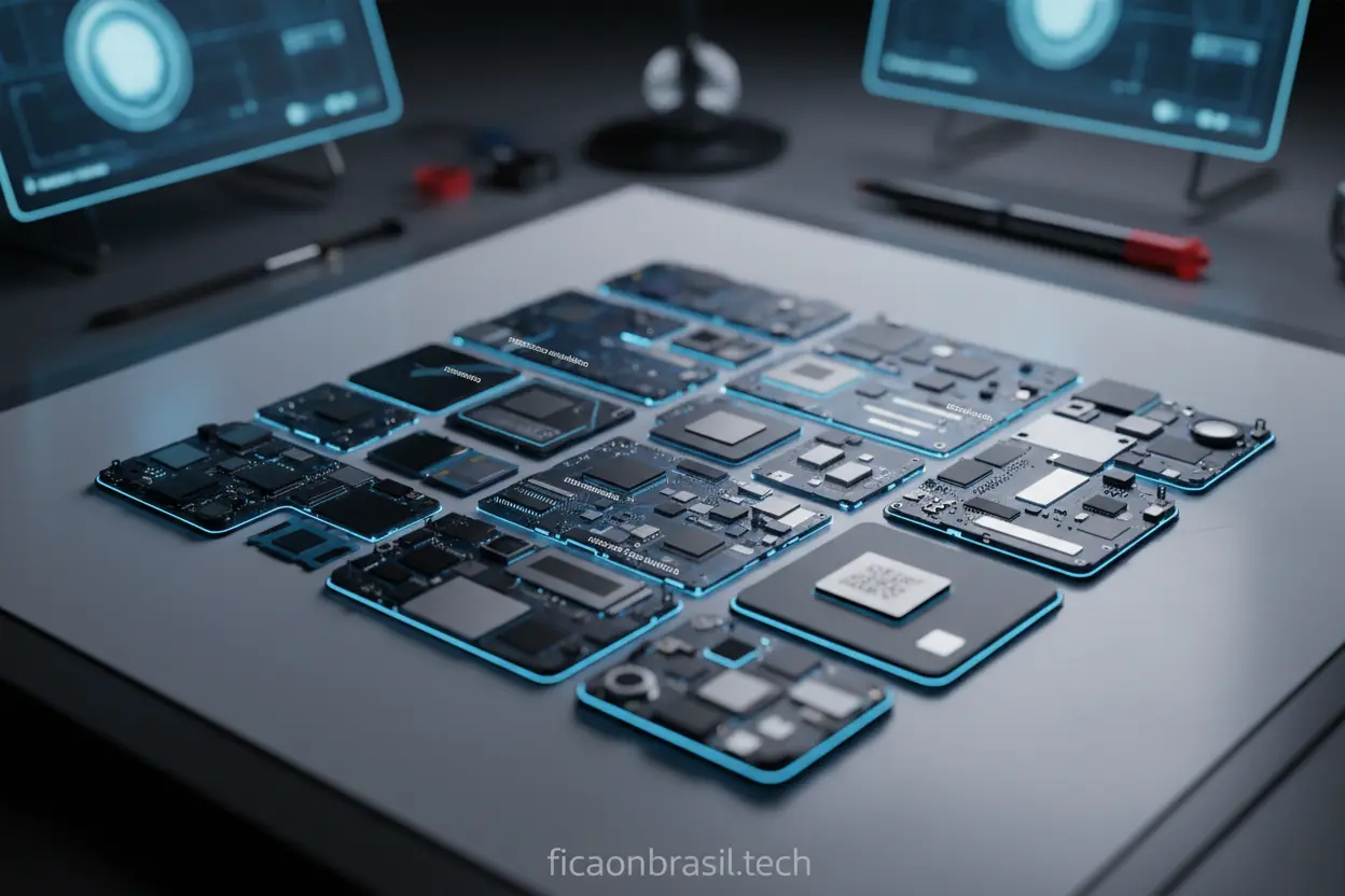 Especificações Samsung A07 Componentes internos de um celular Samsung.