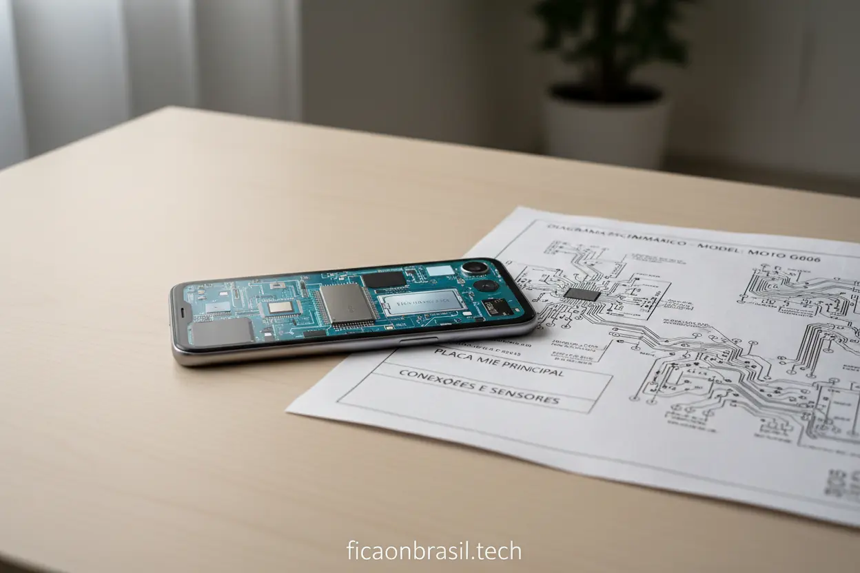 Especificações Técnicas Moto G06 Motorola Moto G06 com diagrama técnico ao lado