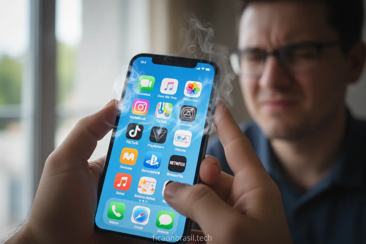 iPhone 17 com vários aplicativos abertos, mostrando o consumo da bateria.