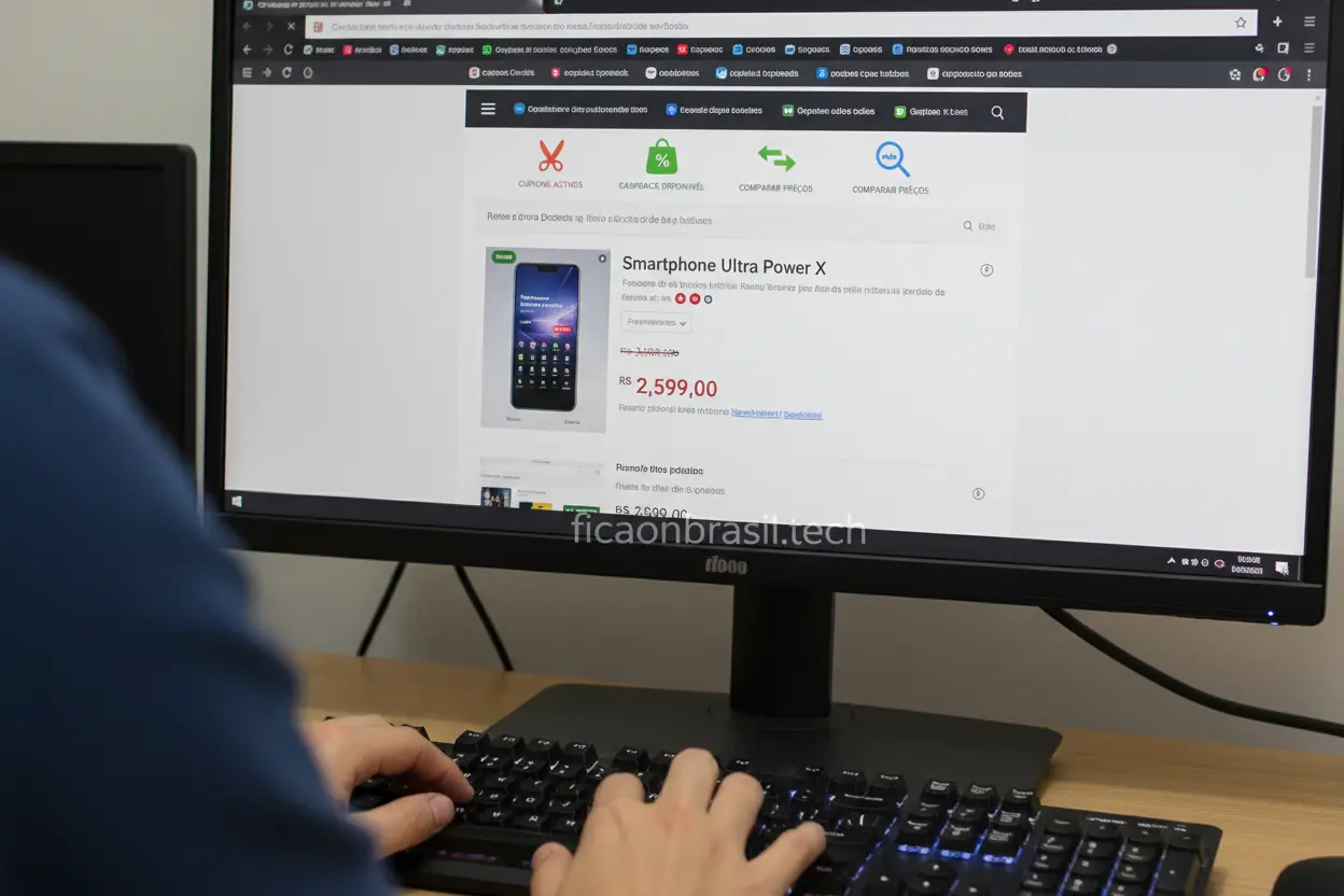 Ferramentas de Economia Digital Tela de computador com extensões de navegador para cupons e cashback.