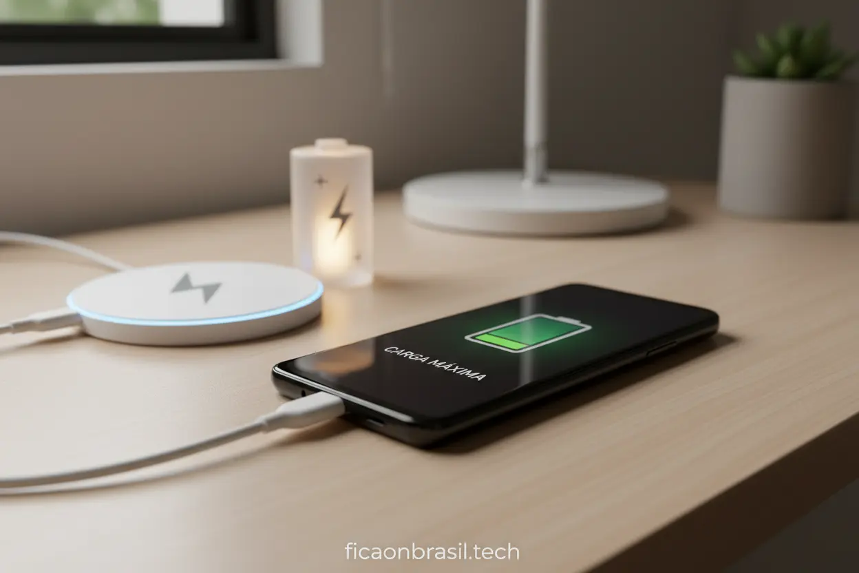 Samsung Galaxy A07 com carregador, indicando bateria