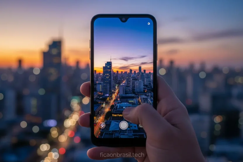 Pessoa fotografando com Galaxy A07, câmera 50MP