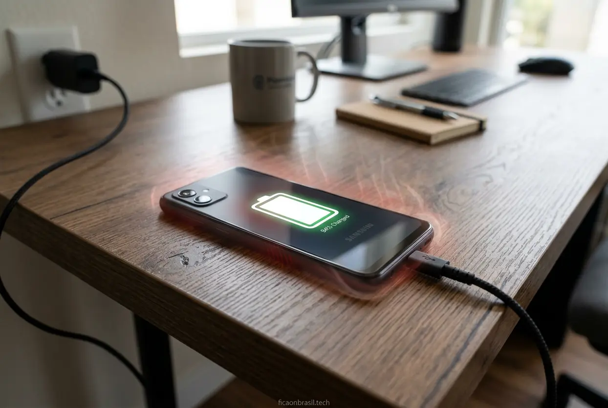 Close-up das mãos de uma pessoa segurando um Galaxy A07 e jogando, com o foco nos controles do jogo na tela.