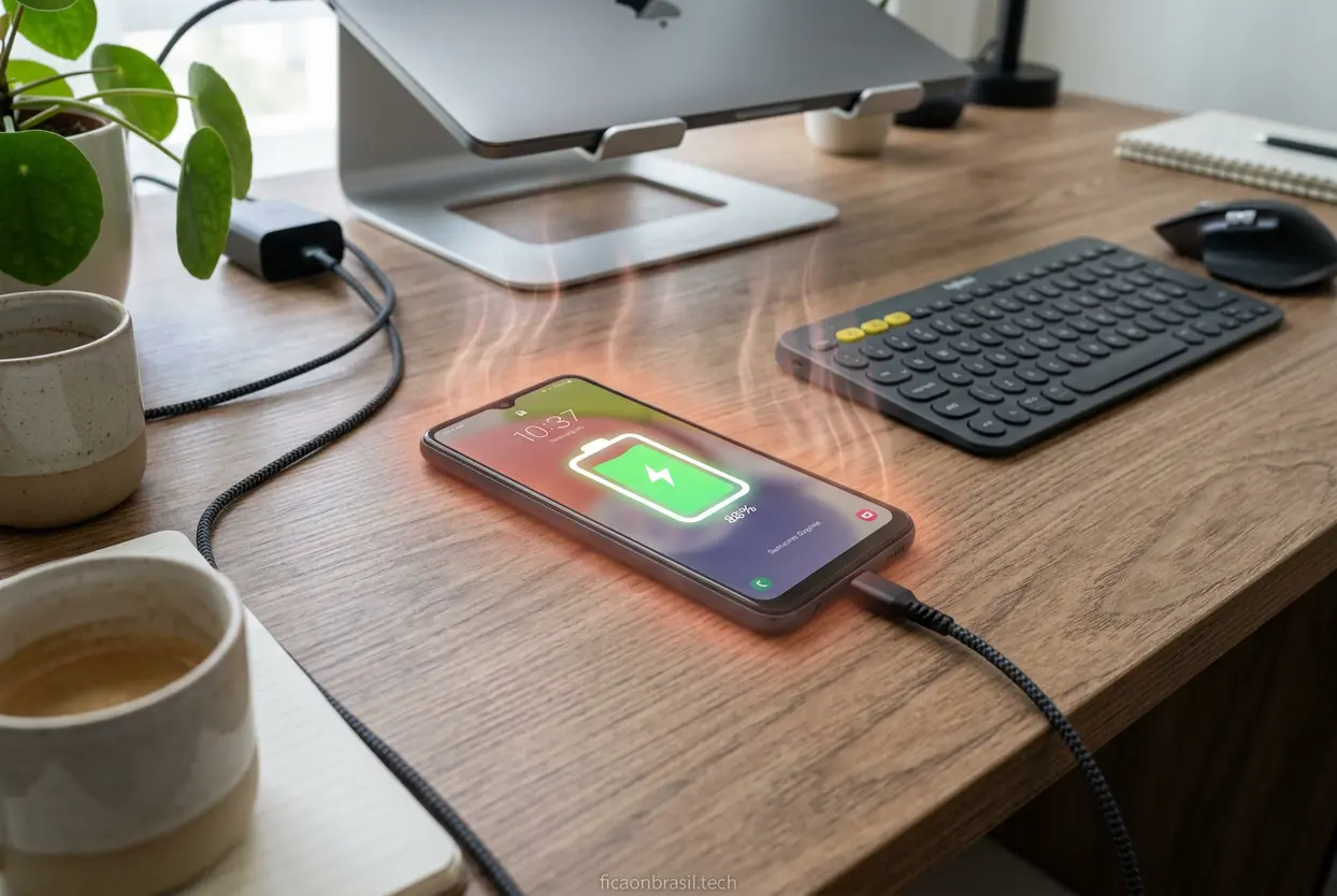 Mãos segurando o Galaxy A07 enquanto joga Free Fire, com uma bebida e um controle de videogame ao fundo.