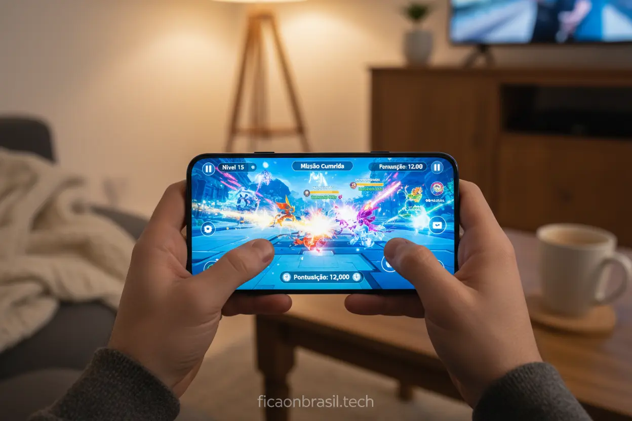 Galaxy A07 para Jogos e Entretenimento Pessoa jogando em um Samsung Galaxy A07, demonstrando o samsung galaxy a07 processador eficiente 6nm para entretenimento.