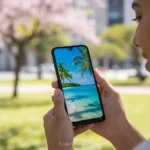 Pessoa segurando um Samsung Galaxy A07 com uma imagem colorida na tela