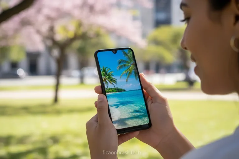 Pessoa segurando um Samsung Galaxy A07 com uma imagem colorida na tela