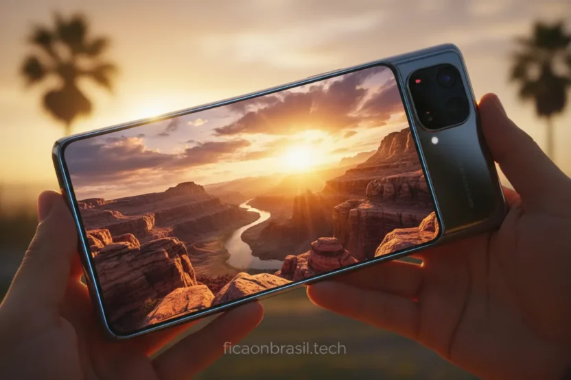 Galaxy S26 Ultra câmera absurda em uso, tirando foto de paisagem.