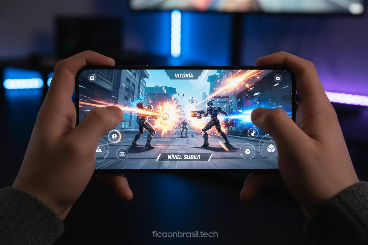 Galaxy S26 Ultra Desempenho em Jogos Pessoa jogando em um Galaxy S26 Ultra, destacando o desempenho do aparelho.