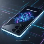 Smartphone Galaxy S26 Ultra com design futurista e tela brilhante.