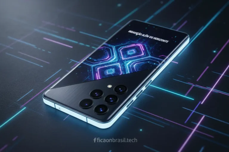 Smartphone Galaxy S26 Ultra com design futurista e tela brilhante.