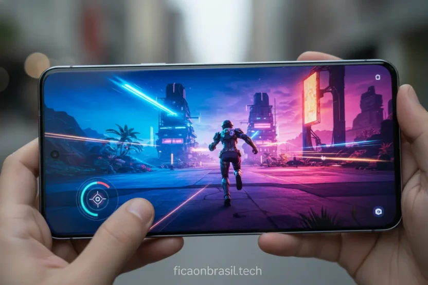 Galaxy S26 Ultra com tela AMOLED 120Hz e cores vibrantes.